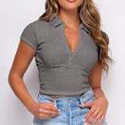 Long-sleeve Collar Plain Crop Top