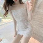 Long-sleeve Lace Mini Bodycon Dress White - One Size