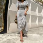 Slit-sleeve Patterned Dress Ivory - One Size
