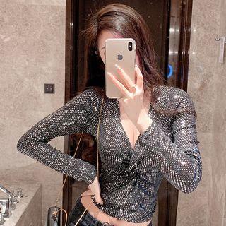 Long-sleeve Rhinestone Crop Top