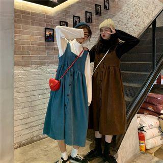Mock-turtleneck Long-sleeve Top / A-line Midi Pinafore Dress