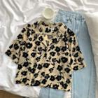 Short-sleeve Floral Print Shirt Black Flowers - Khaki - One Size