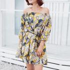 3/4-sleeve Floral Print Off-shoulder A-line Dress