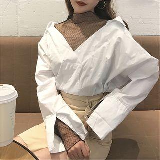 Sheer Mock Two Piece V-neck Blouse