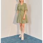 V-neck Floral Print A-line Mini Dress Green - One Size