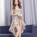 Frill Trim Elbow Sleeve / Short Sleeve Evening Dress
