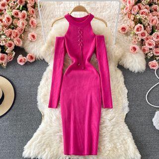 Long Sleeve Cold Shoulder Knit Sheath Dress