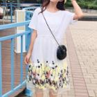 Short-sleeve Floral Embroidered Mesh Overlay Midi A-line T-shirt Dress