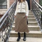 High-waist Plaid Frayed Midi Skirt