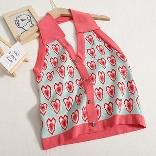 Heart Halter Knit Tank Top Pink Green - One Size