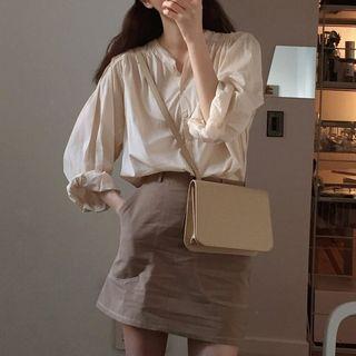 Plain Split-neck Shirt / Contrast Stitching A-line Skirt