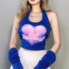 Halter-neck Cat Print Lettering Crop Tank Top With Arm Sleeves