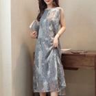 Set: Embroidered Sleeveless Dress + 3/4 Sleeve Long Light Coat