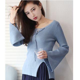 Slit Lace-up Bell-sleeve Knit Top