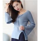 Slit Lace-up Bell-sleeve Knit Top