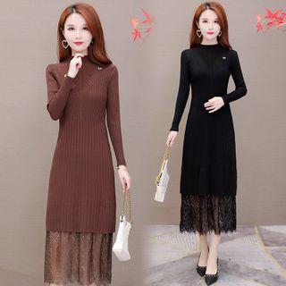 Long-sleeve Lace Midi Knit Dress