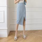 Plain Slit Asymmetrical Hem Midi Skirt