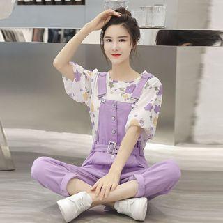 Balloon-sleeve Floral Print Blouse / Belted Jumper Pants / Set
