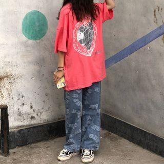 High-waist Washed Printed Straight-cut Jeans