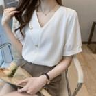 Lantern-sleeve V-neck Plain Chiffon Blouse