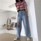 Short-sleeve Striped Knit Top / Distressed Wide-leg Jeans