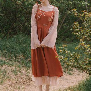 Embroidered Off-shoulder Long-sleeve Midi A-line Dress