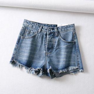 Lettering Print Inside-out Distressed Denim Hot Pants