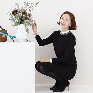 Frilled-neck Rhinestone-detail Knit Top