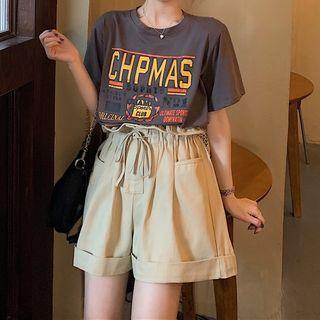 Lettering T-shirt / Paperbag-waist Wide Leg Pants