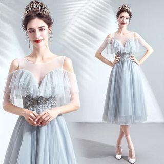 Cold Shoulder Embellished Mesh Cocktail Dress
