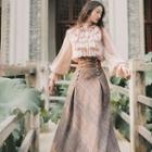 Bell-sleeve Ruffle Trim Blouse / Maxi Plaid A-line Skirt / Set