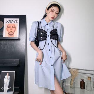 Elbow-sleeve Ribbon Mini A-line Shirtdress