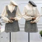 Ruffle Trim Long-sleeve Blouse / Mini A-line Skirt / Mini A-line Pinafore Dress / Set
