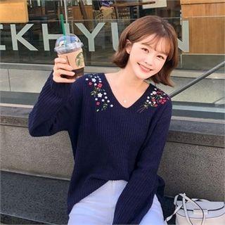 Flower-embroidered V-neck Sweater