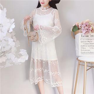 Set: Lace Bell-sleeve Dress + Spaghetti Strap Dress