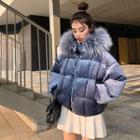 Furry-trim Velvet Zip Hooded Padded Jacket