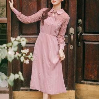 Lace Panel Long-sleeve Tie-neck Midi A-line Dress