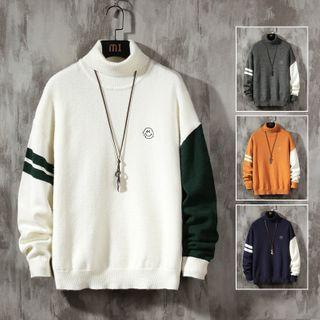 Turtle Neck Smiley Face Embroidered Color Block Sweater