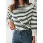 Tall Size Frill 3/4-sleeve Stripe T-shirt