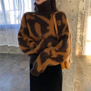Turtleneck Leopard Pattern Sweater As Shown In Figure - One Size