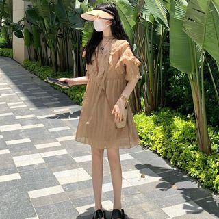 V-neck Plain Ruffle Dress Khaki - One Size
