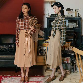 Set: Long-sleeve Plaid Shirt + Midi A-line Skirt