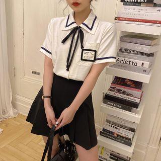 Short-sleeve Collared Applique Shirt White - One Size