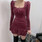 Long-sleeve Ruffle Trim Velvet Dress