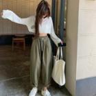 Cut-out Cropped Knit Top + Elastic-waist Pants