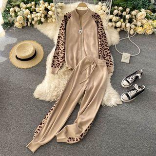 Set : Leopard Print Knit Zip Up Jacket + Drawstring Leopard Print Harem Pants