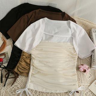 Patchwork Drawstring-side Crop T-shirt
