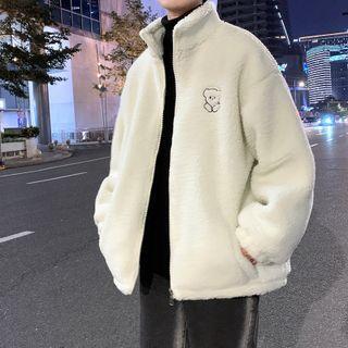 Long Sleeve Turtleneck Plain Bear Embroidered Lambswool Jacket
