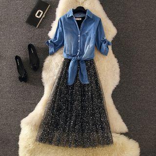 Denim Shirt / Short-sleeve Overlay A-line Midi Dress / Set