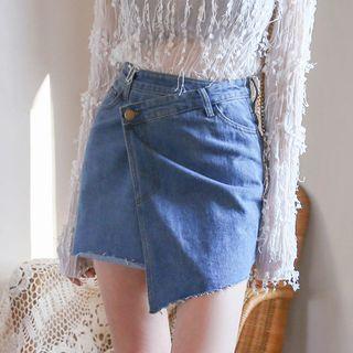 Fray-hem Denim Wrap Miniskirt